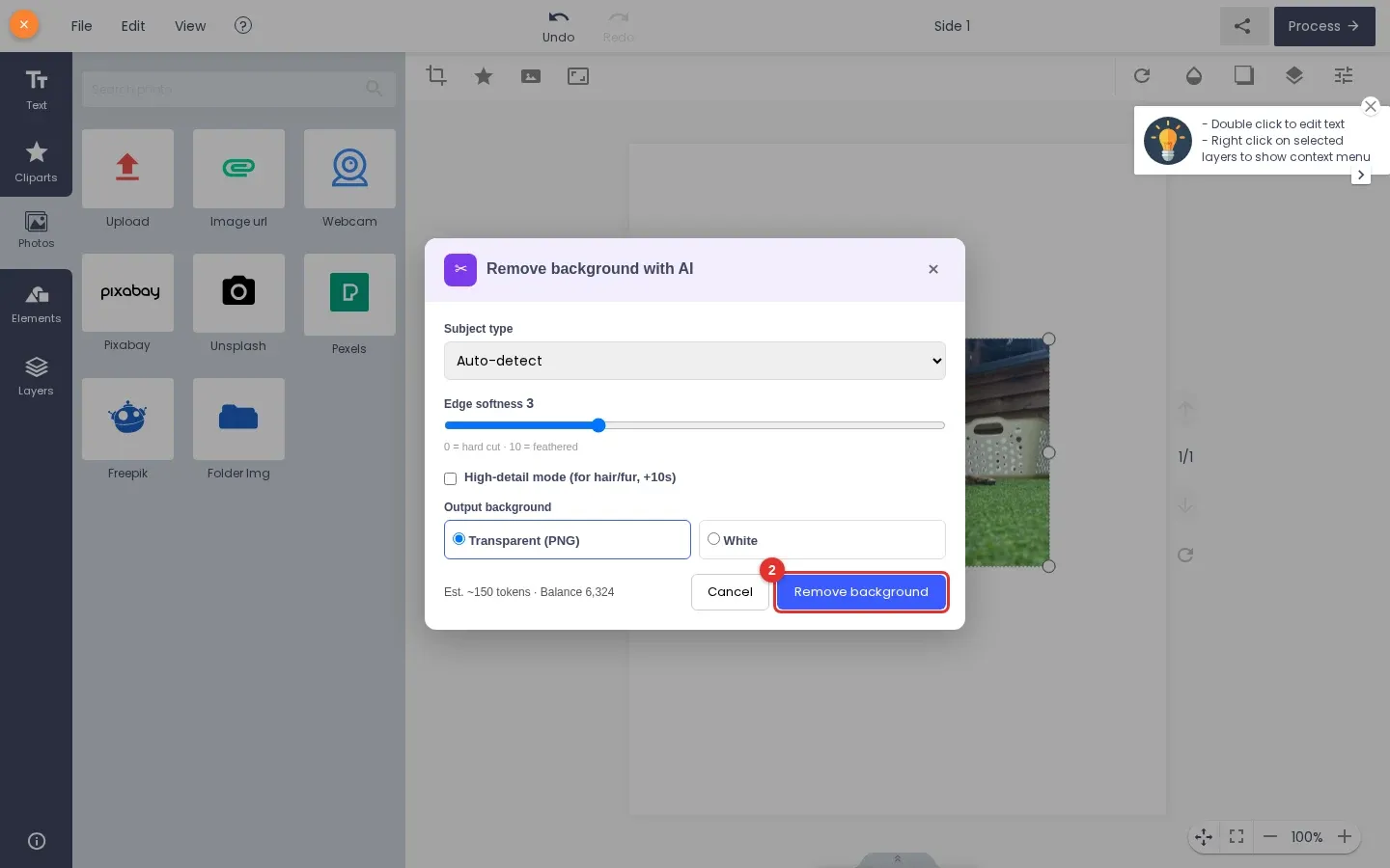 Remove background with AI window with the options, the token estimate and the Remove background button marked 2