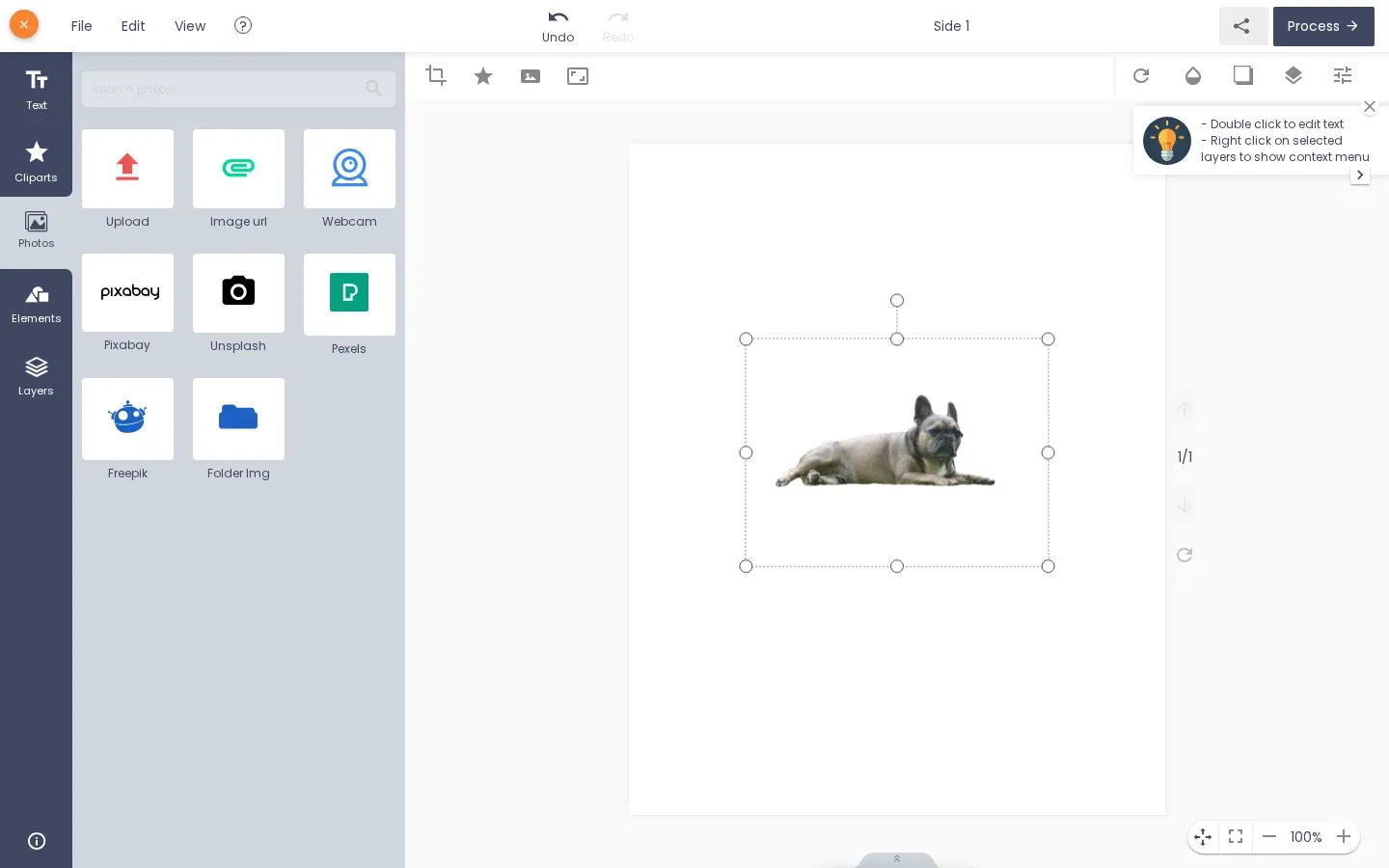Designer canvas with the background-removed photo placed in the design area