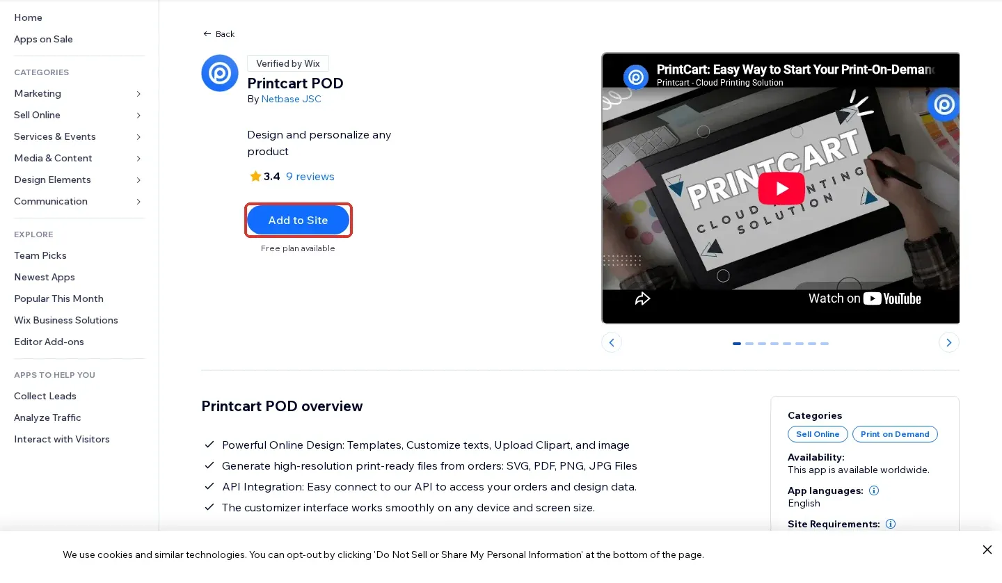 Printcart POD listing on the Wix App Market with the Add to Site button highlighted
