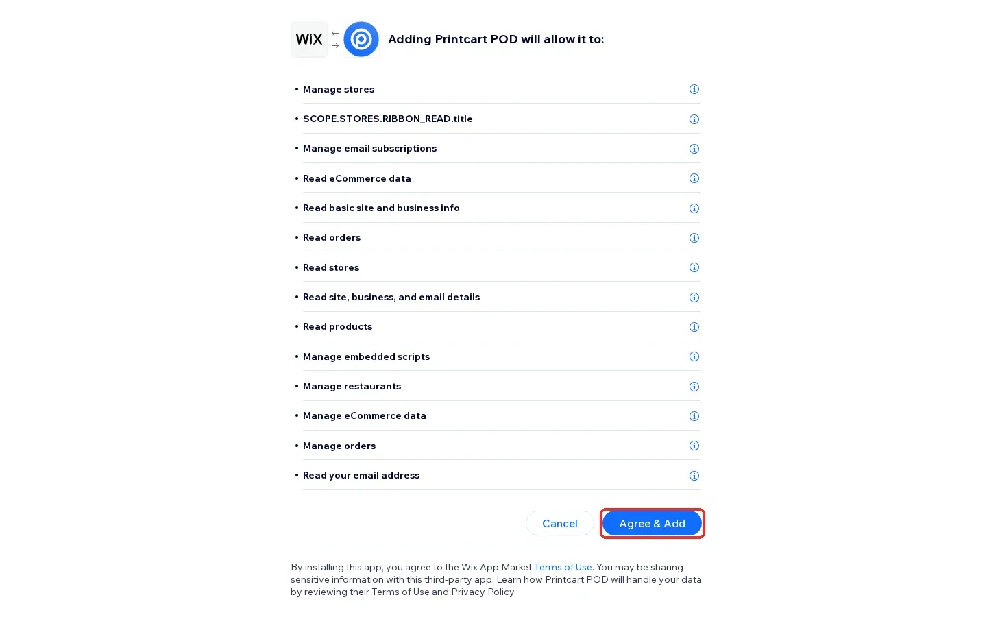 Wix permission screen listing what Printcart POD can access, with the Agree and Add button highlighted