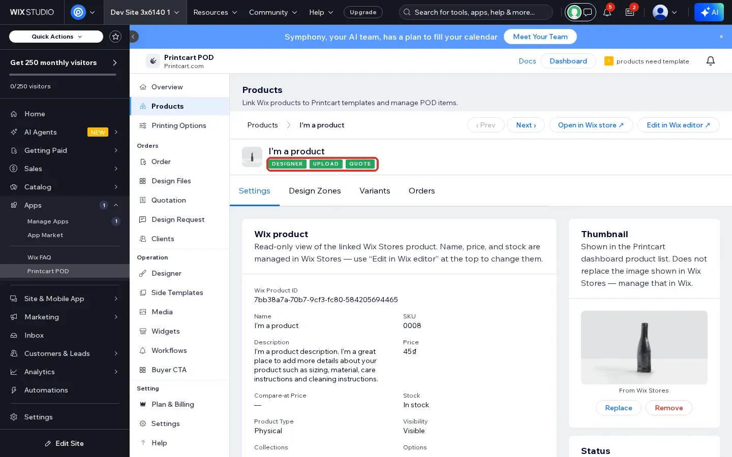 Printcart POD product page showing the Designer, Upload and Quote badges and the read-only Wix product details