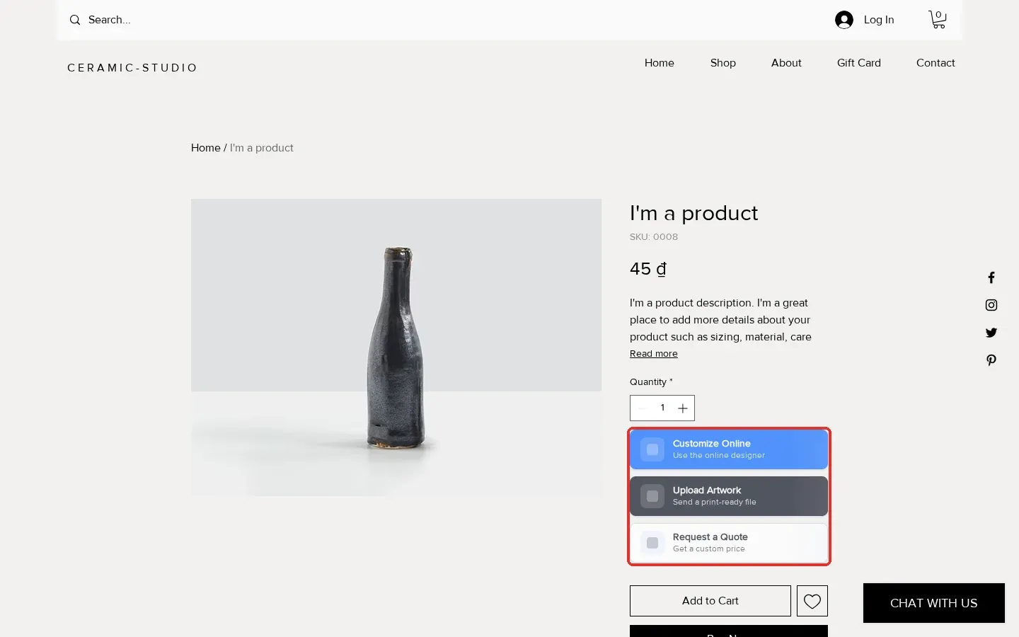 Live Wix product page with the Customize Online, Upload Artwork and Request a Quote buttons from Printcart