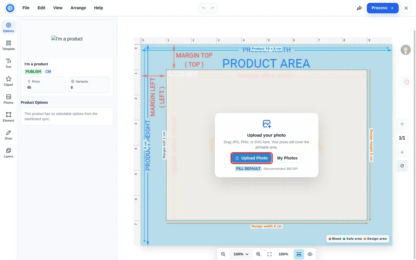 Printcart designer opened over the Wix product page showing the print area, margins and an Upload Photo button