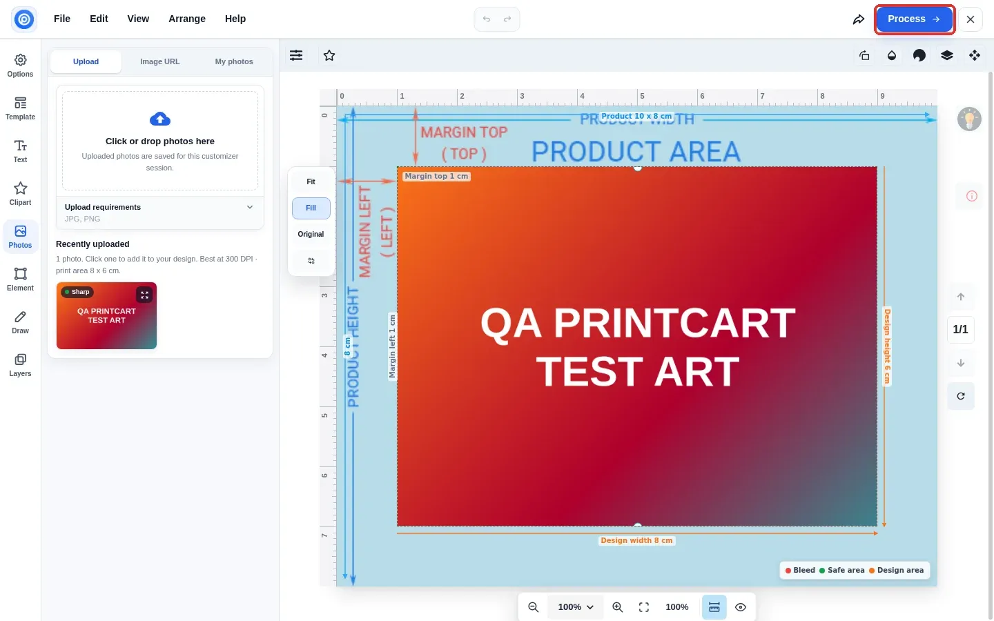 Designer with the uploaded photo filling the print area and the Process button highlighted