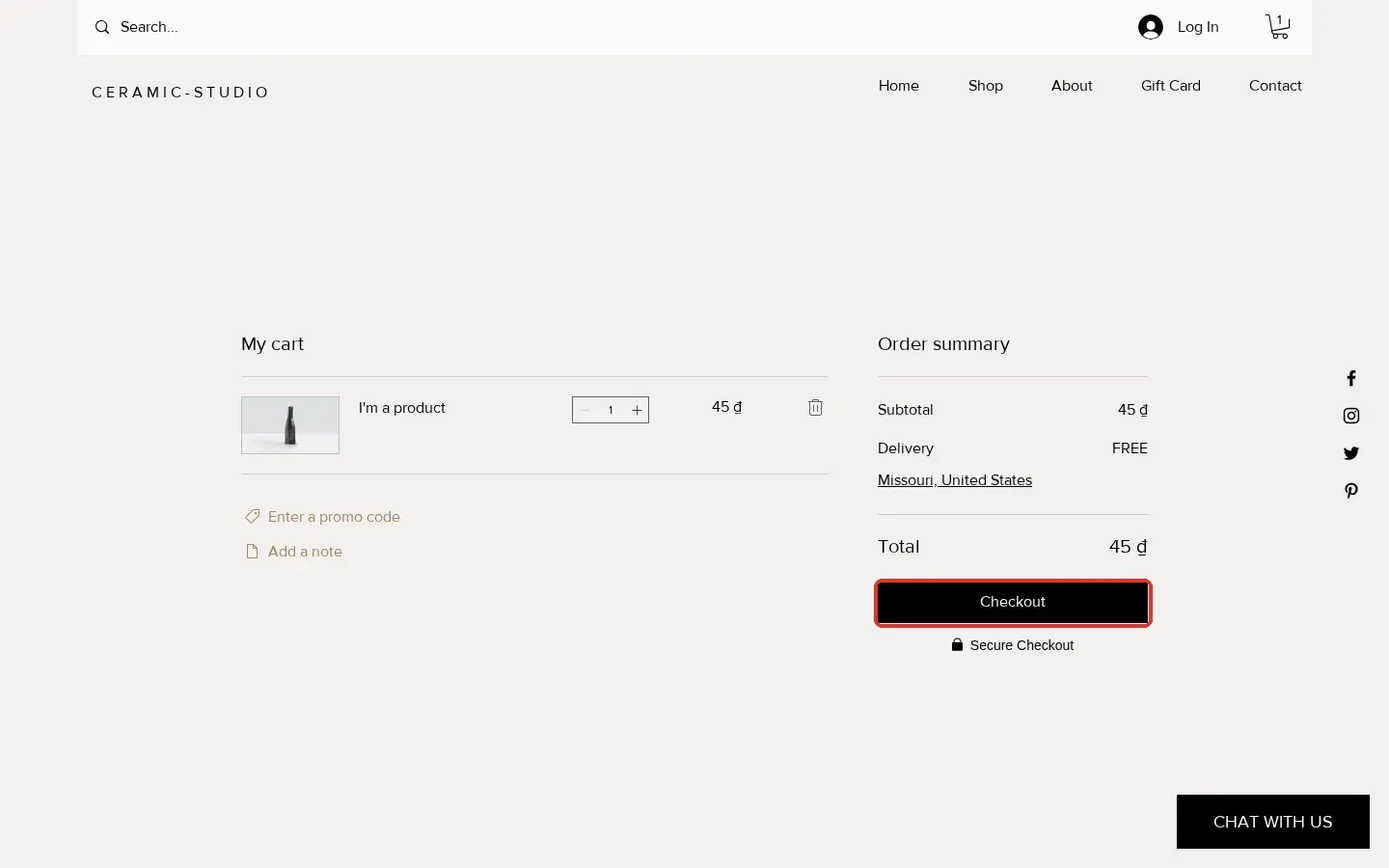 Wix cart page after Process with one item and the Checkout button highlighted