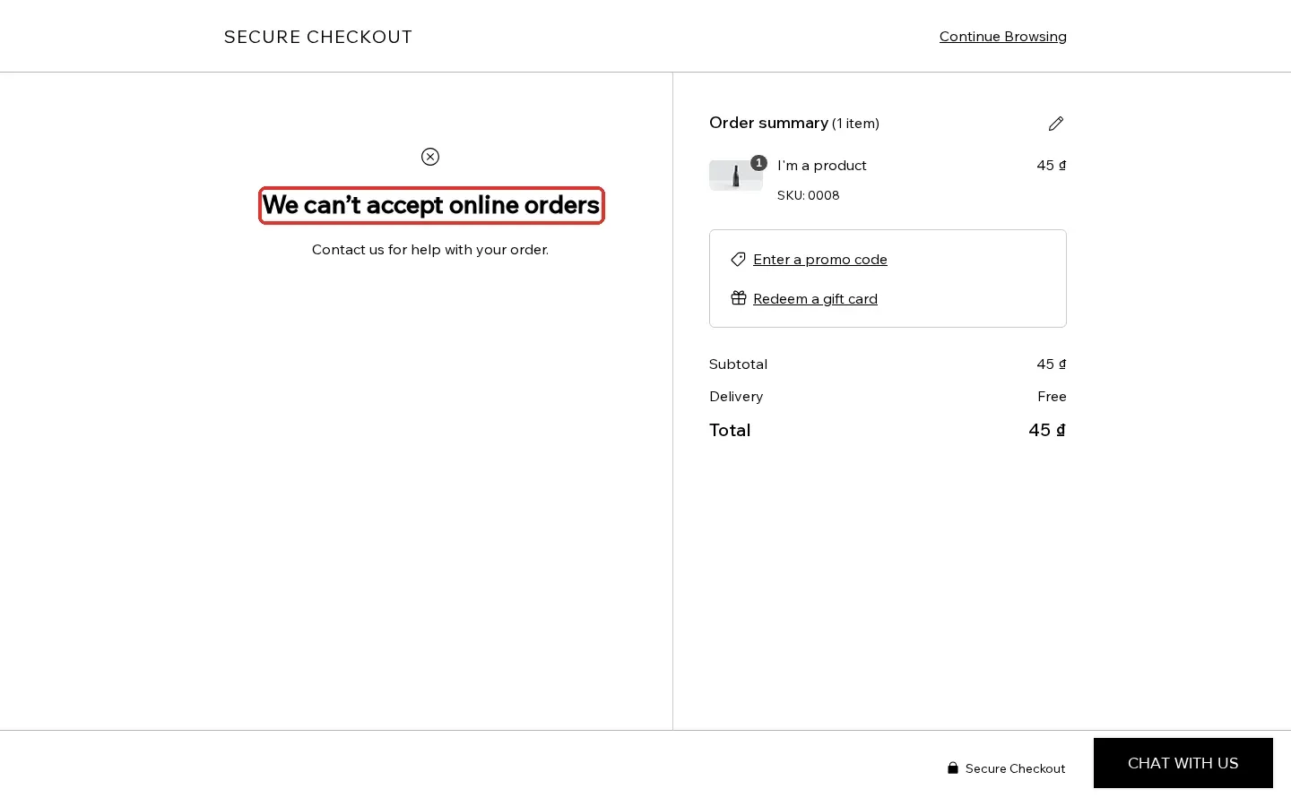 Wix checkout showing the message We cannot accept online orders
