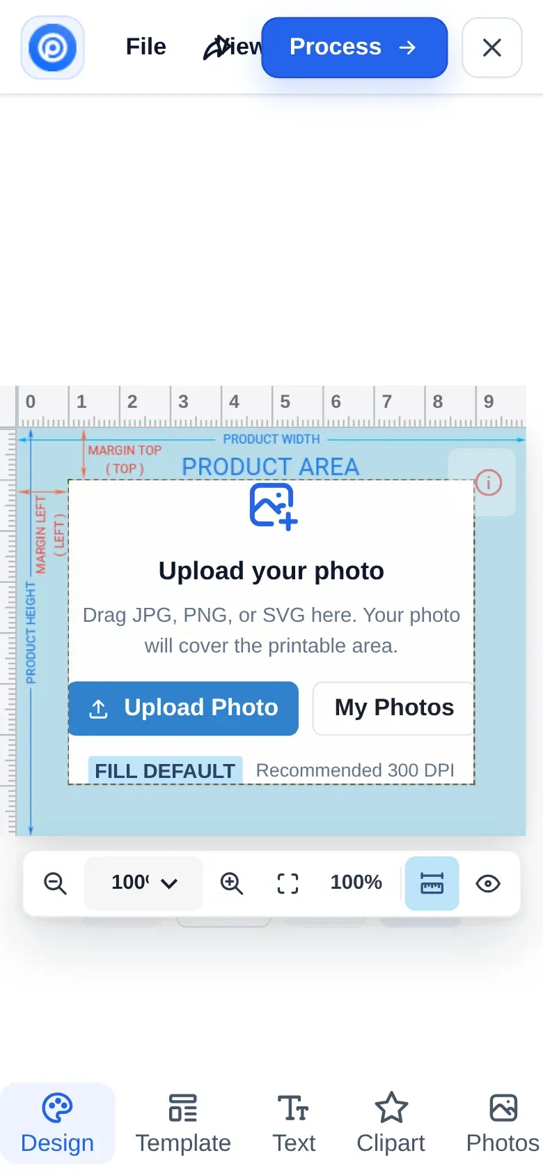 Printcart designer on a phone showing the print area and the Upload Photo button