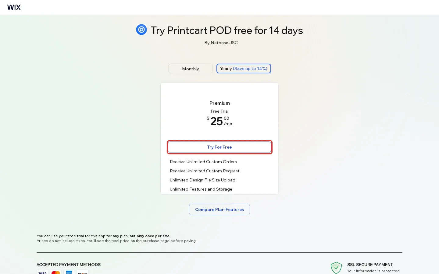 Wix pricing page for Printcart POD offering a 14 day free trial of the Premium plan