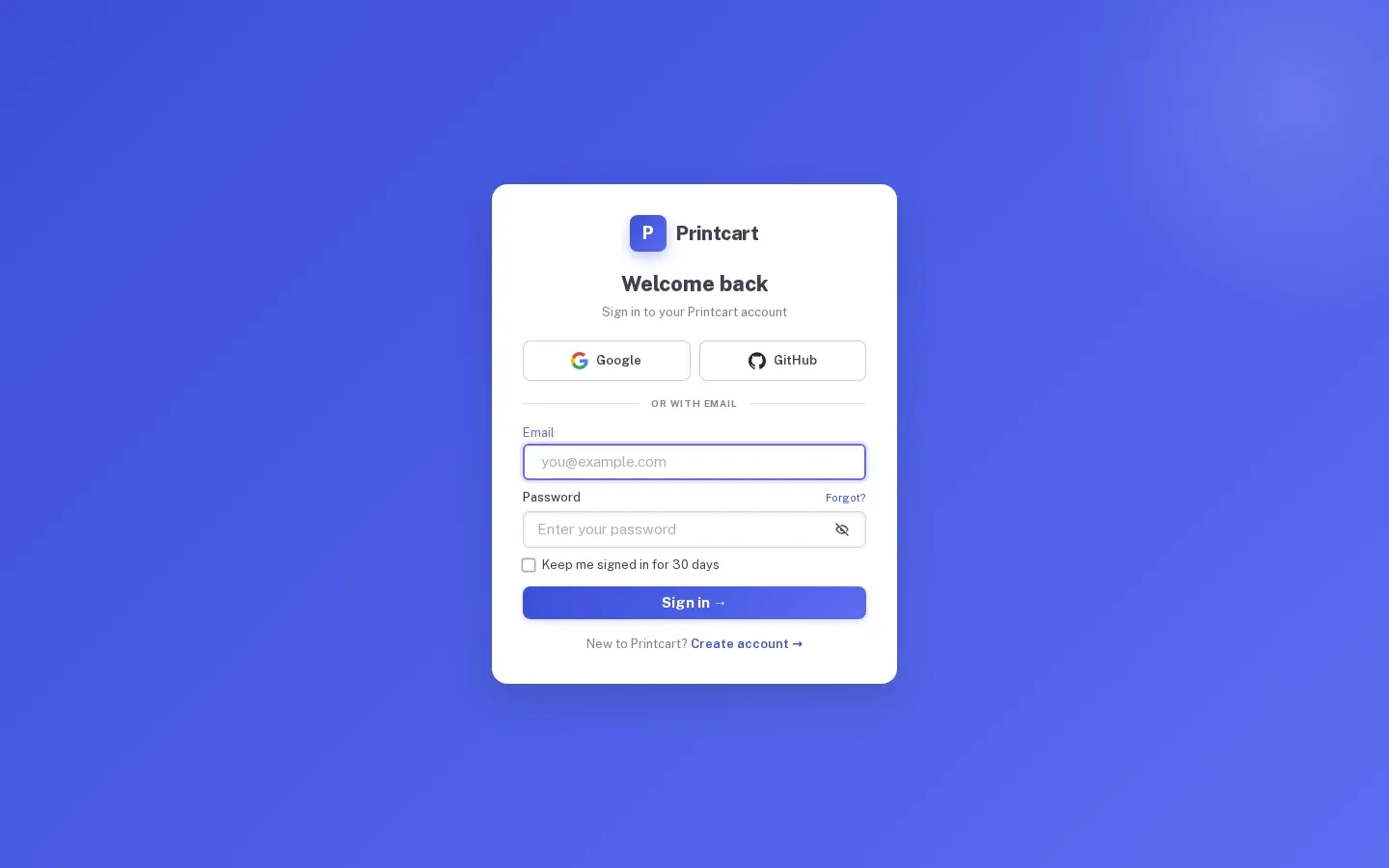 Printcart sign-in page that opens after clicking Open in Printcart from the Wix app