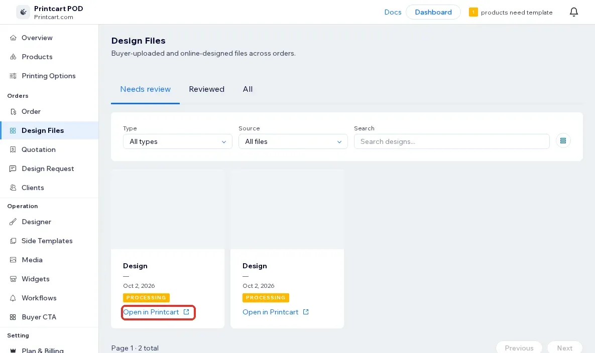 Design Files page with two buyer designs in Processing status and the Open in Printcart link highlighted