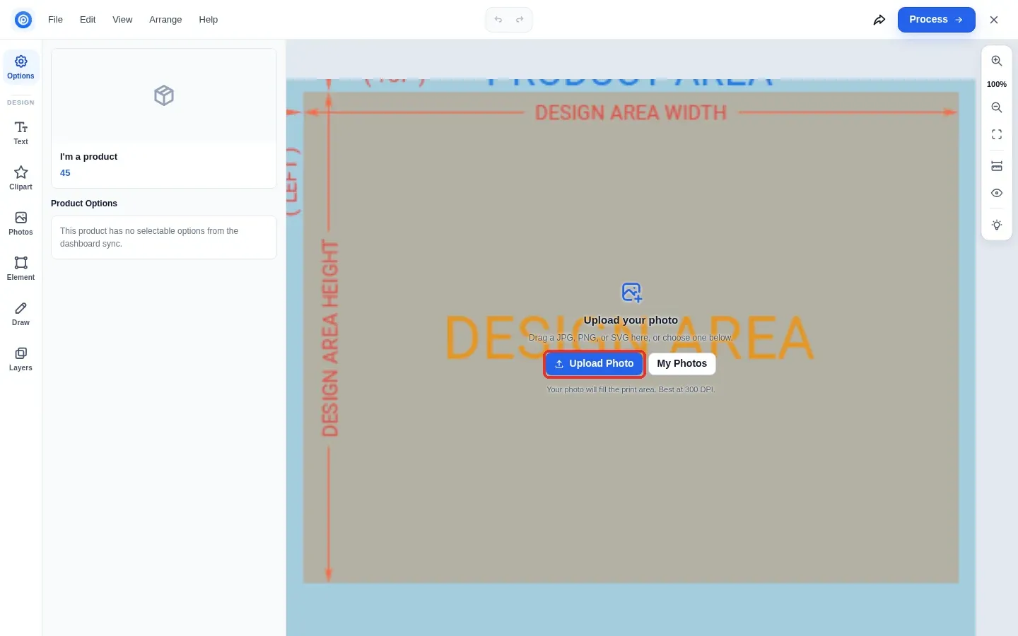 Printcart designer opened over the Wix product page with the Upload Photo button highlighted