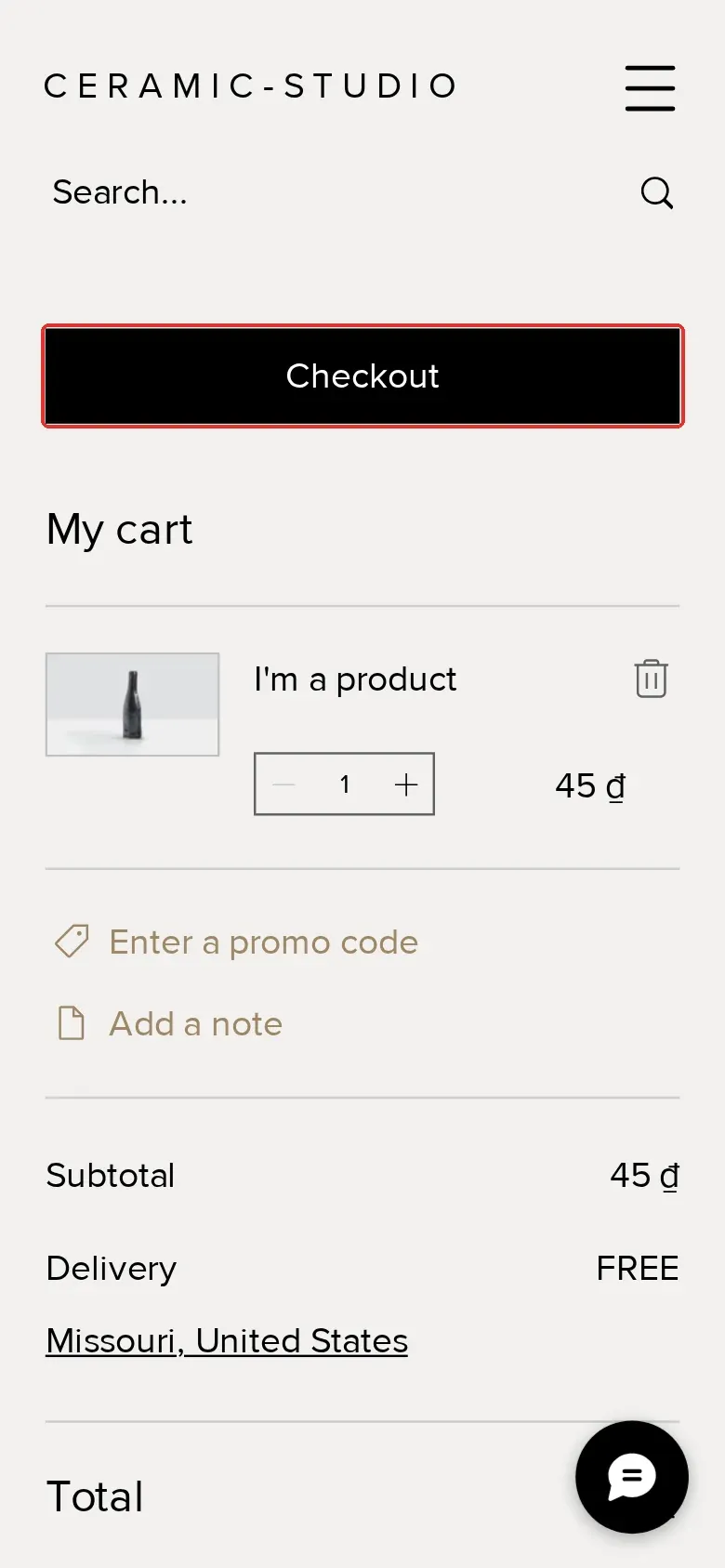 Wix cart on a phone with one item after Process and the Checkout button highlighted