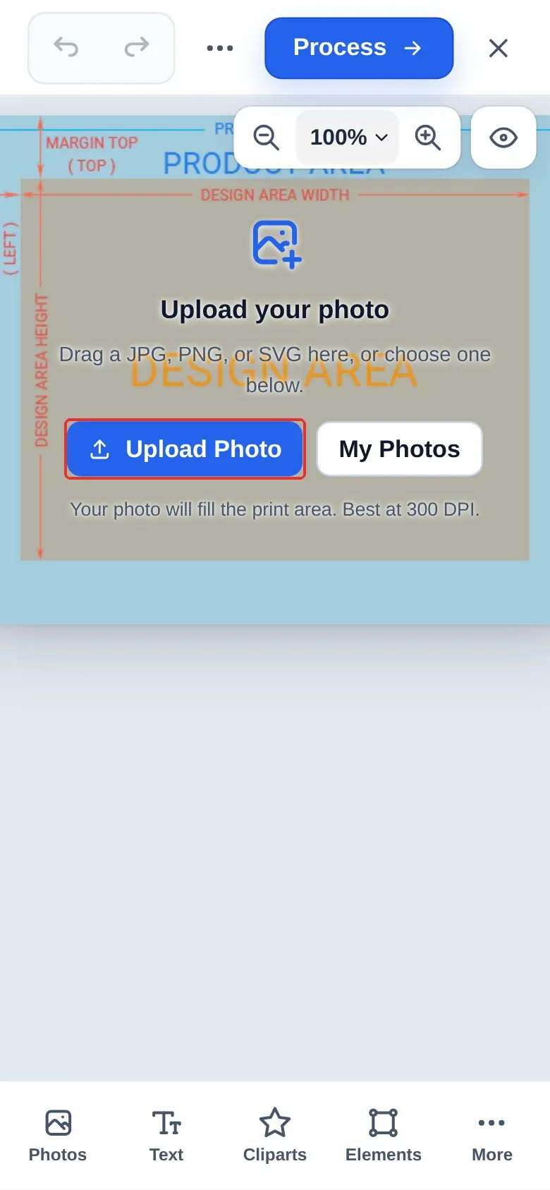 Printcart designer on a phone with the Upload Photo button highlighted