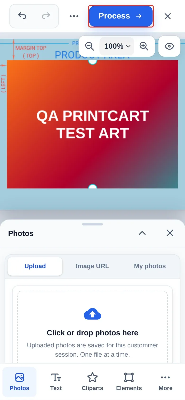 Designer on a phone with the uploaded photo already placed in the print area and the Process button highlighted
