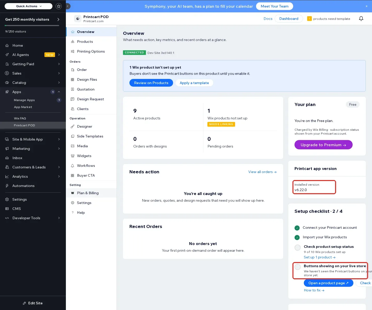 Printcart POD Overview with the Connected badge, the installed version v6.22.0 and the four-step setup checklist, including the step Buttons showing on your live store