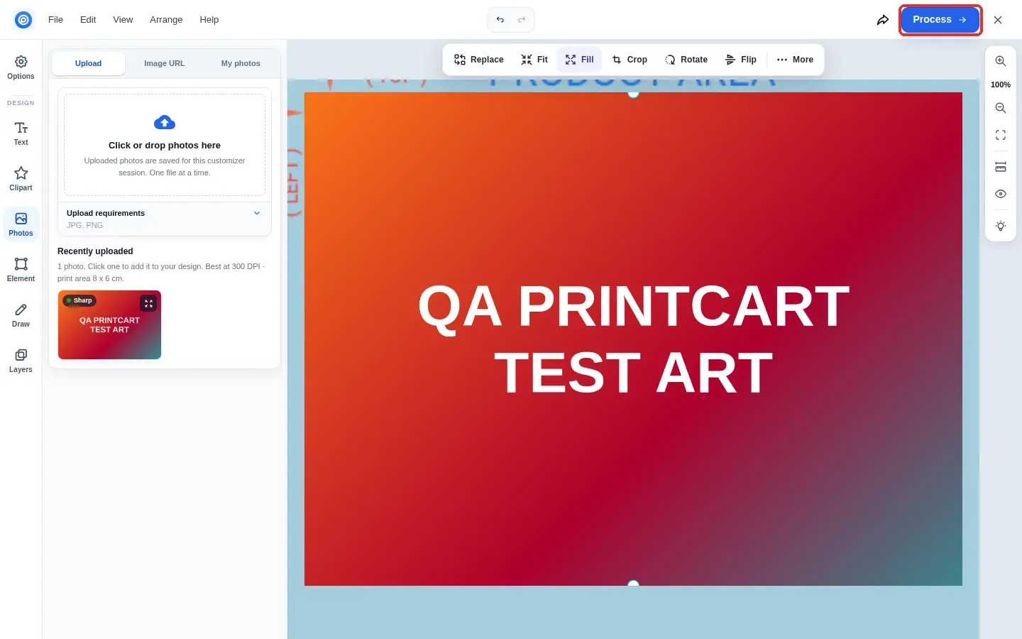 Designer with the uploaded photo filling the print area and the Process button highlighted