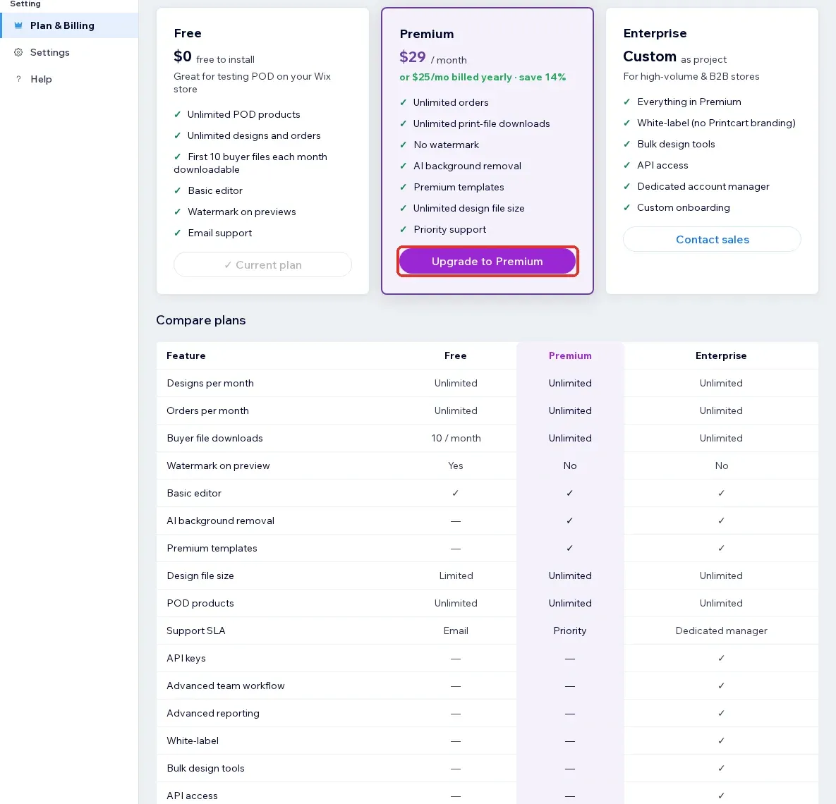 Free, Premium and Enterprise plan cards and the compare table showing unlimited orders on Premium