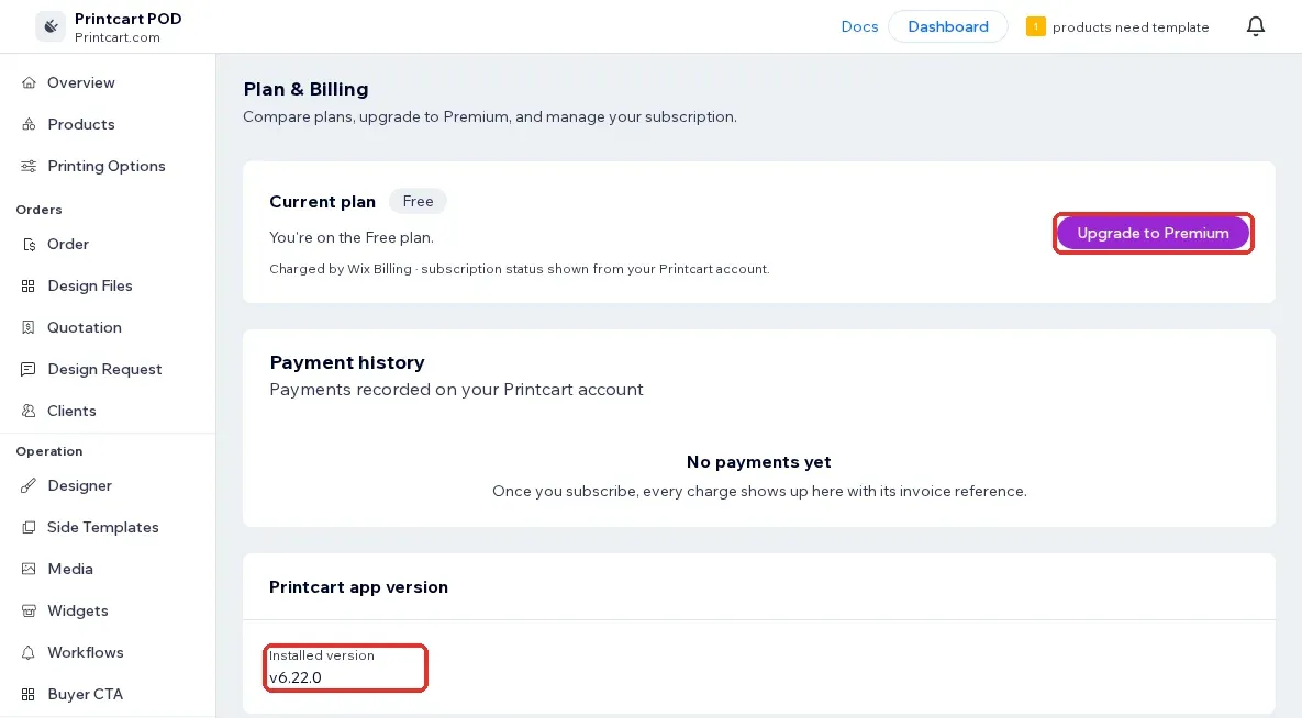 Plan and Billing page with the Free plan, the Upgrade to Premium button and the installed version v6.22.0