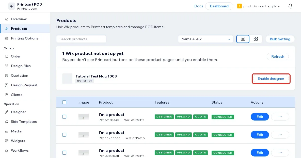 Products page listing a new Wix product as Not set up, with the Enable designer button highlighted