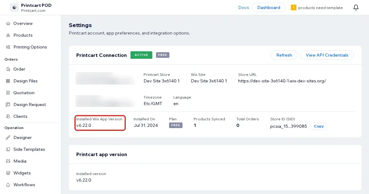 Printcart Connection card in Settings showing status Active, the Free plan and the installed Wix app version v6.22.0, with account emails blurred