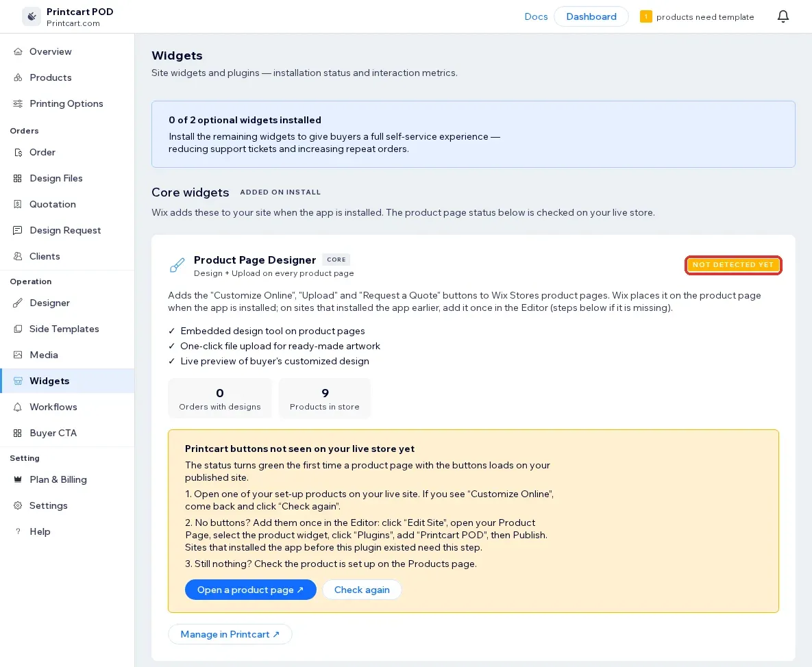 Widgets page where the Product Page Designer card shows Not detected yet with the steps to check the live store