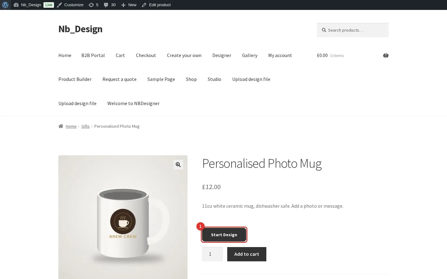 Personalised Photo Mug product page with the Start Design button marked 1