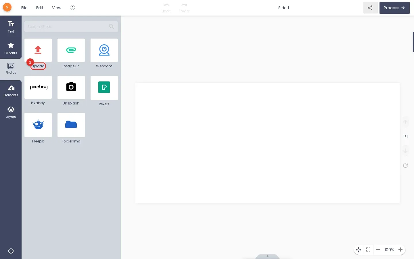 Designer Photos tab with the Upload tile marked 1