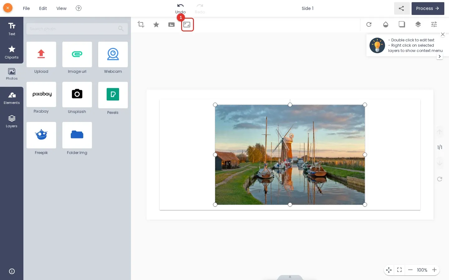 Designer image toolbar with the Upscale image AI icon marked 1