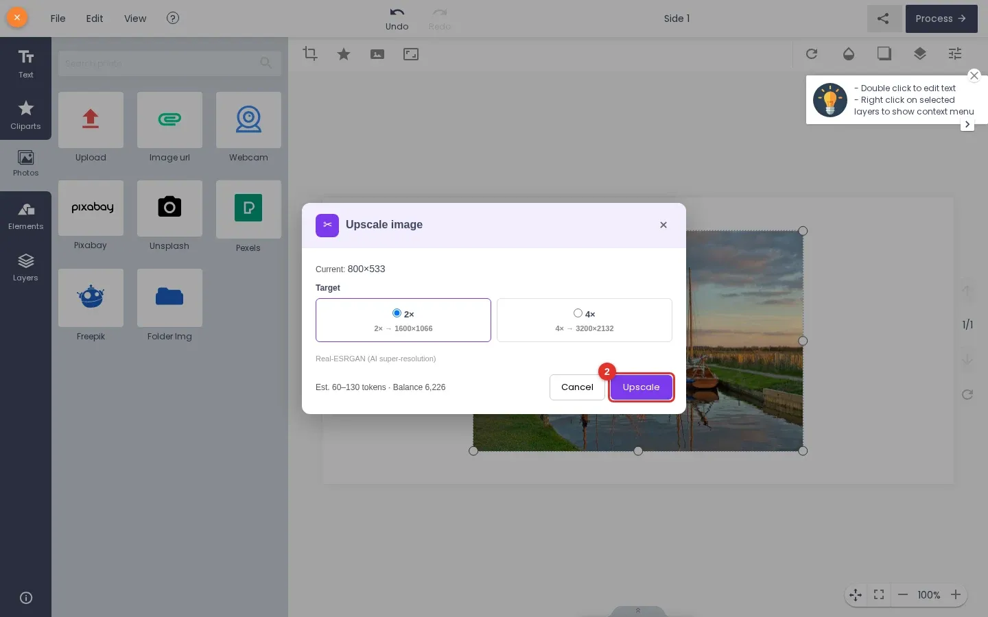 Upscale image window with 2x and 4x options, the token estimate and the Upscale button marked 2