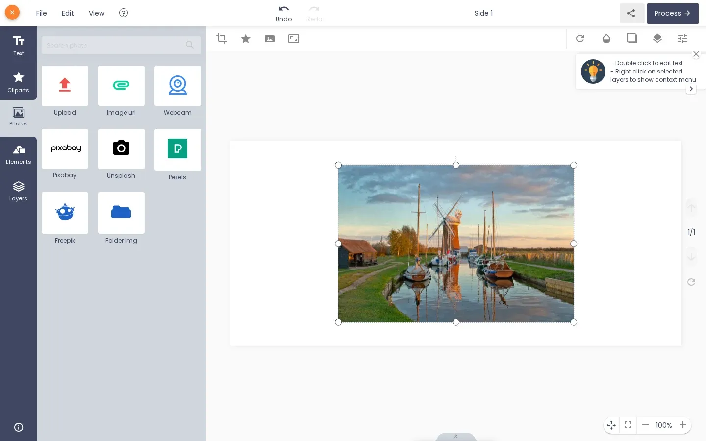 Designer canvas with the upscaled photo placed in the design area